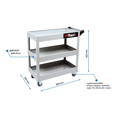 CARRELLO 3 RIPIANI PORTATA 22k GRIGIO 80x39x83,5cm